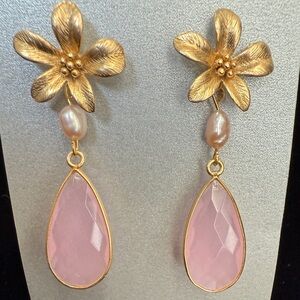 Gold Plated Pearl and Rose Quartz Earrings